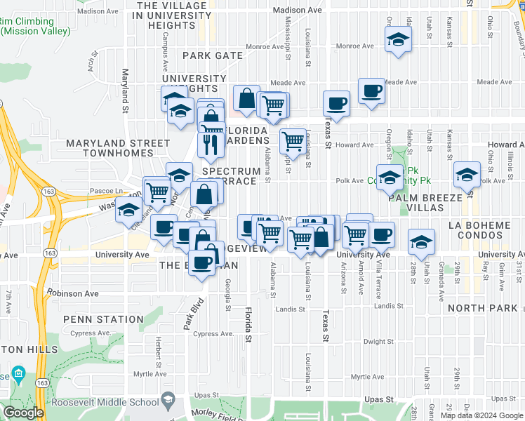 map of restaurants, bars, coffee shops, grocery stores, and more near 4025 Alabama Street in San Diego