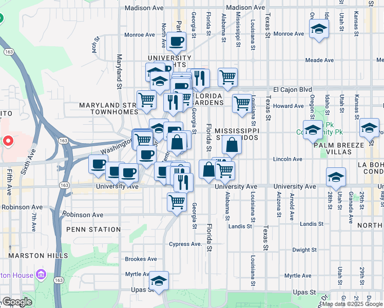map of restaurants, bars, coffee shops, grocery stores, and more near 4038 Georgia Street in San Diego