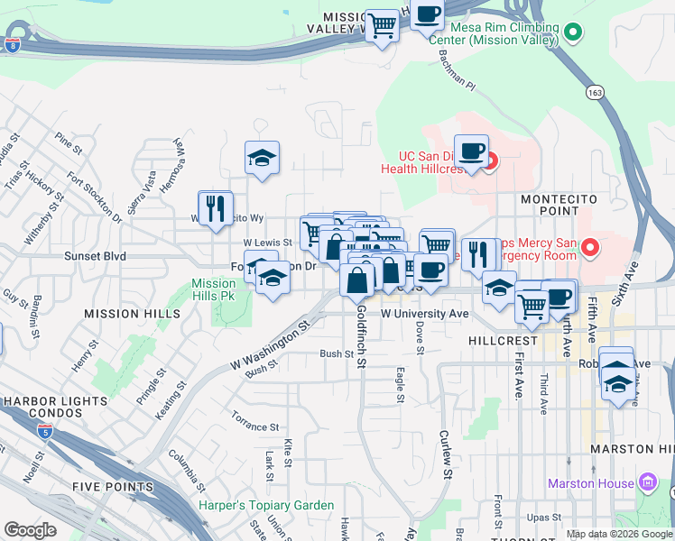 map of restaurants, bars, coffee shops, grocery stores, and more near in San Diego