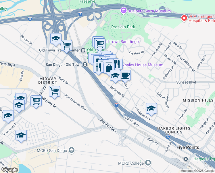 map of restaurants, bars, coffee shops, grocery stores, and more near 3895 Harney Street in San Diego