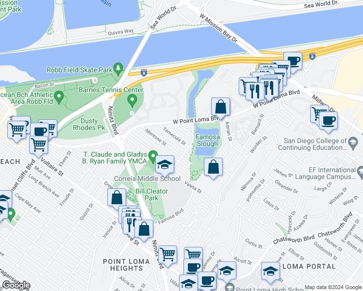 map of restaurants, bars, coffee shops, grocery stores, and more near 4359 Temecula Street in San Diego