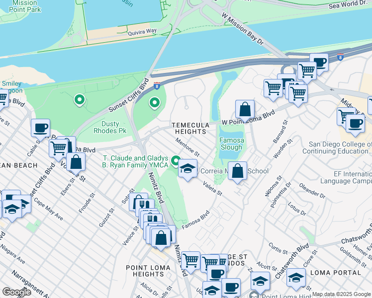 map of restaurants, bars, coffee shops, grocery stores, and more near 4411 Mentone Street in San Diego