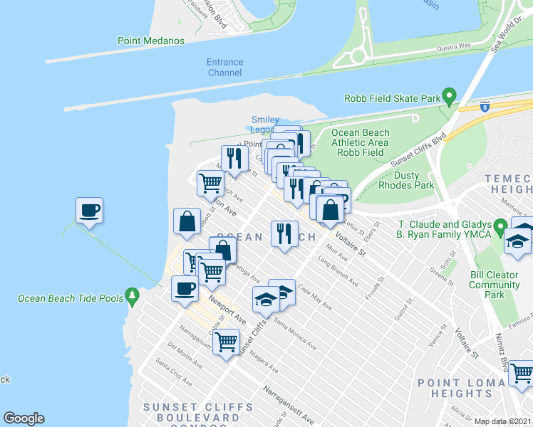 map of restaurants, bars, coffee shops, grocery stores, and more near 2136 Bacon Street in San Diego