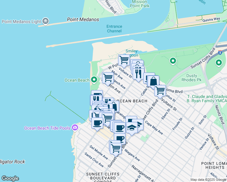 map of restaurants, bars, coffee shops, grocery stores, and more near 5050 Brighton Avenue in San Diego