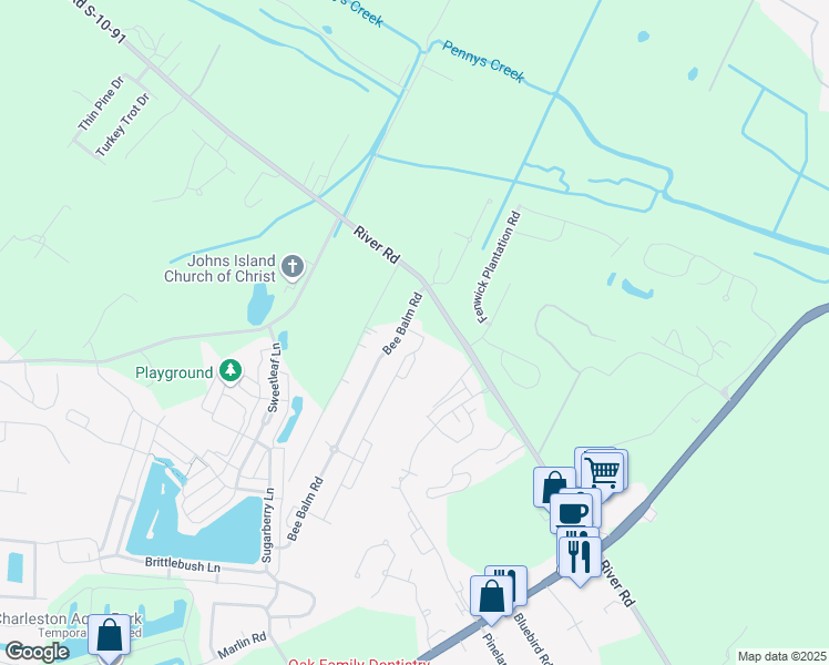map of restaurants, bars, coffee shops, grocery stores, and more near 1631 Bee Balm Road in Johns Island