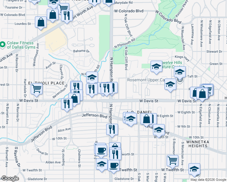 map of restaurants, bars, coffee shops, grocery stores, and more near 638 North Hampton Road in Dallas