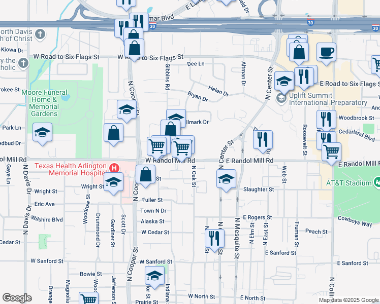 map of restaurants, bars, coffee shops, grocery stores, and more near 351 West Randol Mill Road in Arlington