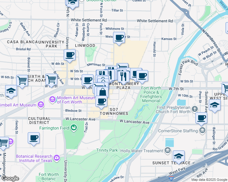 map of restaurants, bars, coffee shops, grocery stores, and more near in Fort Worth