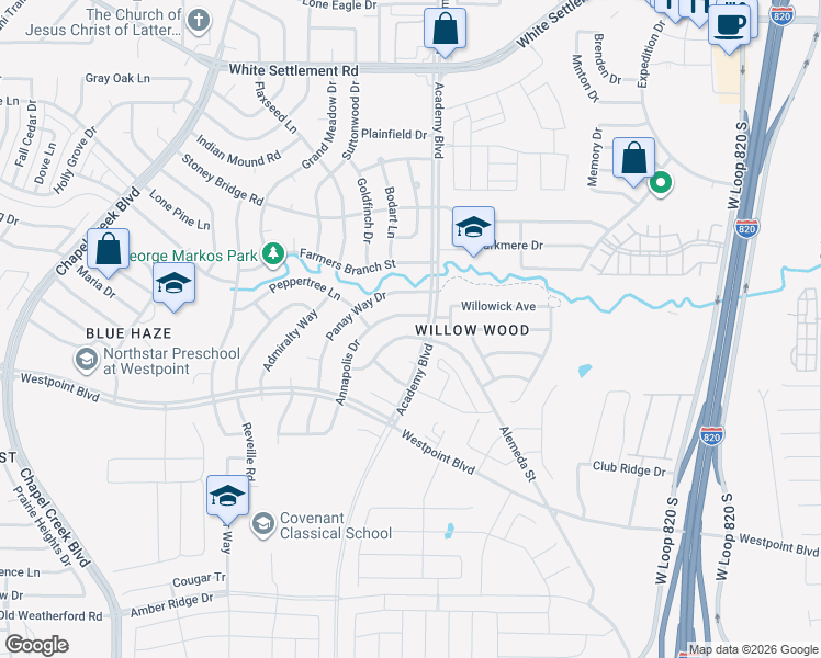 map of restaurants, bars, coffee shops, grocery stores, and more near 517 Annapolis Drive in Fort Worth