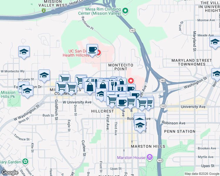 map of restaurants, bars, coffee shops, grocery stores, and more near 4057 1st Avenue in San Diego