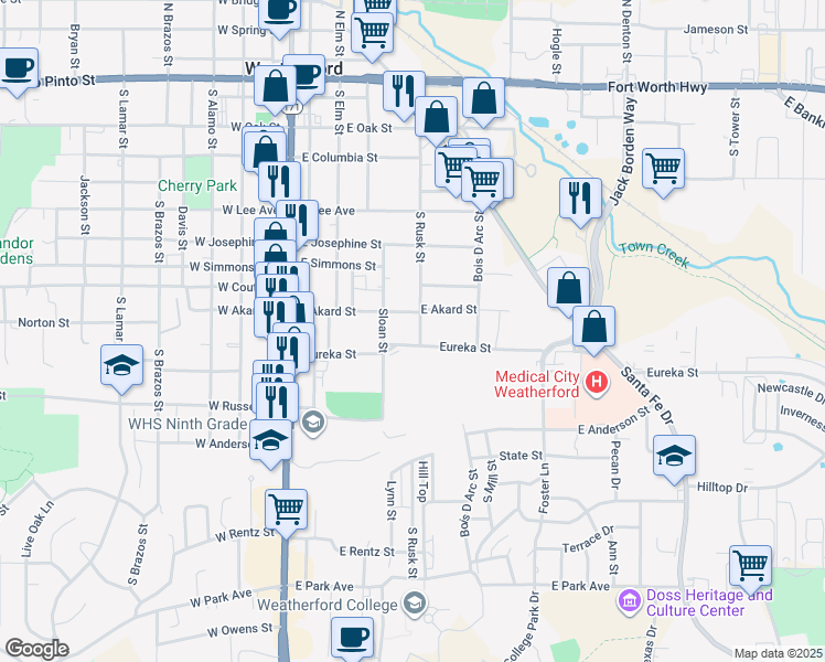 map of restaurants, bars, coffee shops, grocery stores, and more near 808 South Rusk Street in Weatherford