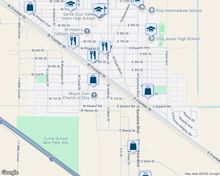 map of restaurants, bars, coffee shops, grocery stores, and more near 207 North Main Street in Eloy