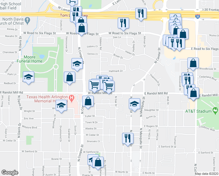 map of restaurants, bars, coffee shops, grocery stores, and more near 351 West Randol Mill Road in Arlington