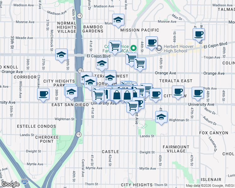 map of restaurants, bars, coffee shops, grocery stores, and more near 4056 Van Dyke Avenue in San Diego