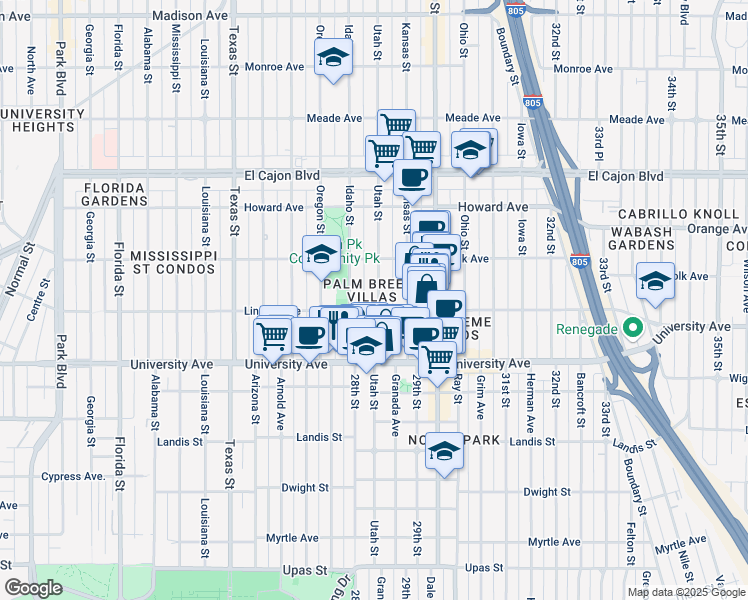 map of restaurants, bars, coffee shops, grocery stores, and more near 4031 Idaho Street in San Diego