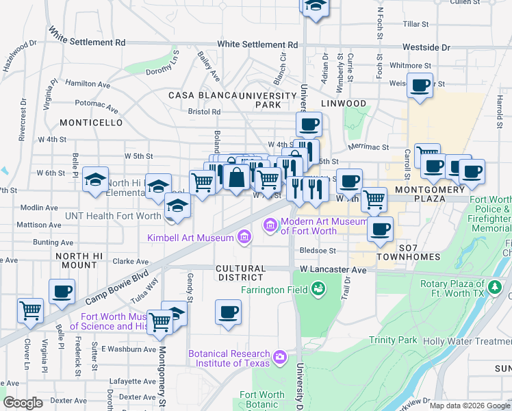 map of restaurants, bars, coffee shops, grocery stores, and more near 3204 Camp Bowie Boulevard in Fort Worth