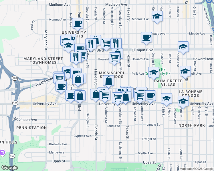 map of restaurants, bars, coffee shops, grocery stores, and more near 4025 Alabama Street in San Diego