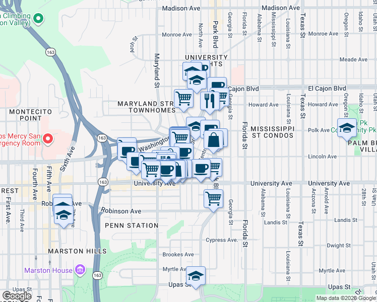 map of restaurants, bars, coffee shops, grocery stores, and more near 3979 Normal Street in San Diego