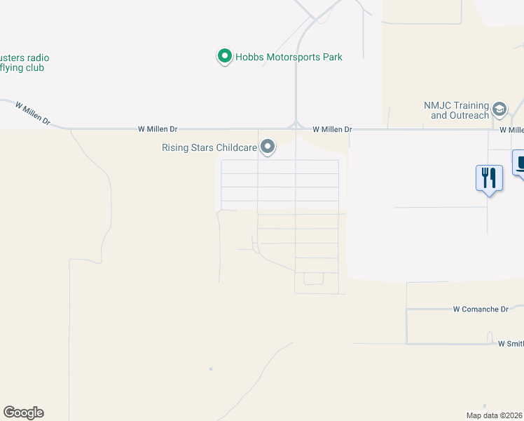 map of restaurants, bars, coffee shops, grocery stores, and more near West Millen Drive in Hobbs