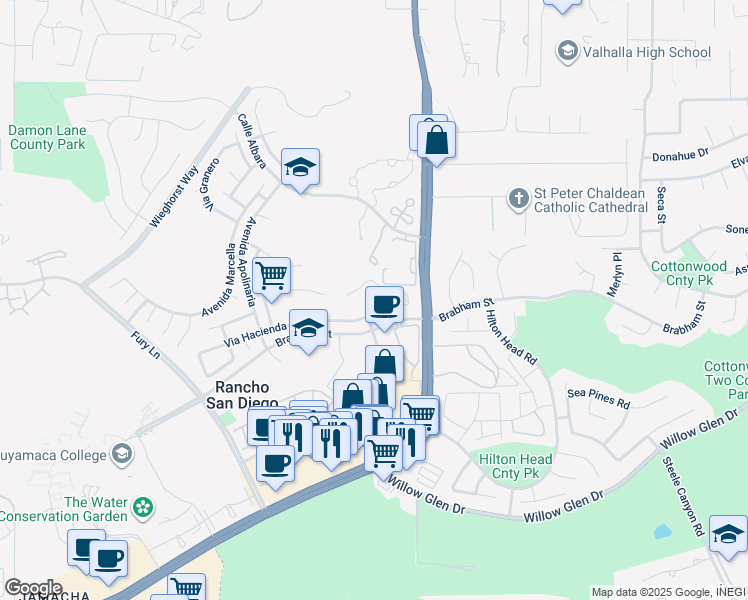 map of restaurants, bars, coffee shops, grocery stores, and more near 11683 Via Rancho San Diego in El Cajon