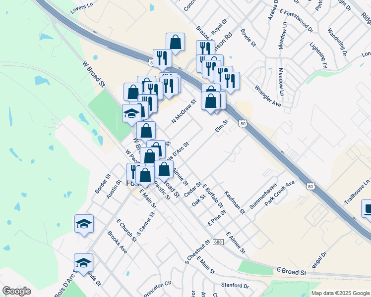 map of restaurants, bars, coffee shops, grocery stores, and more near 510 North Bois D'Arc Street in Forney