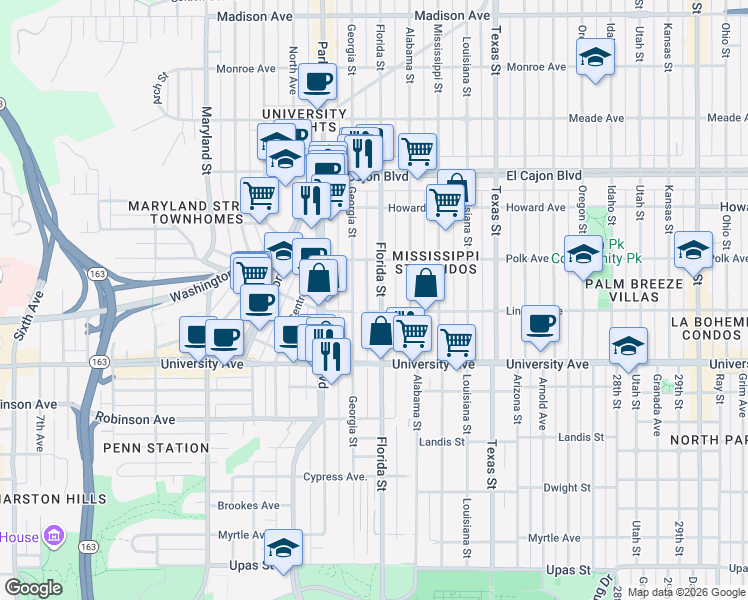 map of restaurants, bars, coffee shops, grocery stores, and more near 4034 Florida Street in San Diego