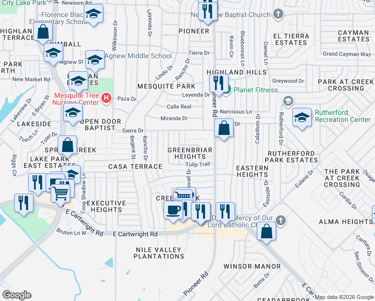 map of restaurants, bars, coffee shops, grocery stores, and more near 1300 Mulberry Lane in Mesquite