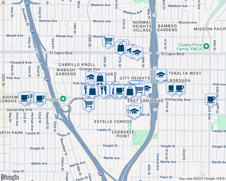 map of restaurants, bars, coffee shops, grocery stores, and more near 4050 Cherokee Avenue in San Diego