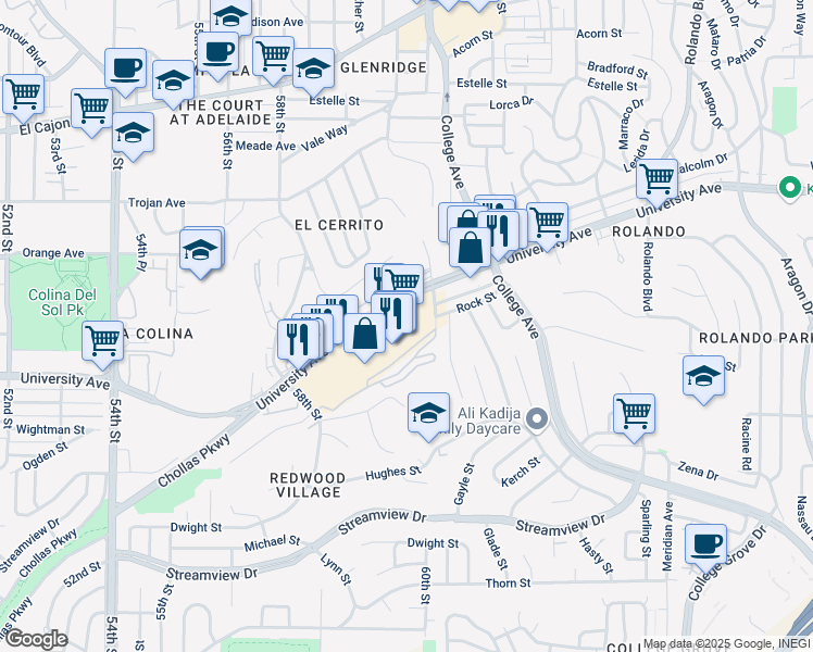 map of restaurants, bars, coffee shops, grocery stores, and more near 5975 University Avenue in San Diego