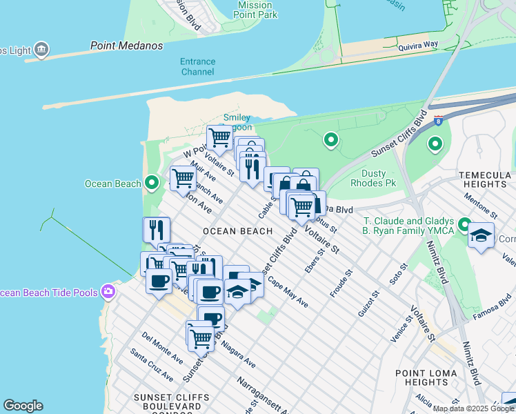 map of restaurants, bars, coffee shops, grocery stores, and more near 4922 Muir Avenue in San Diego