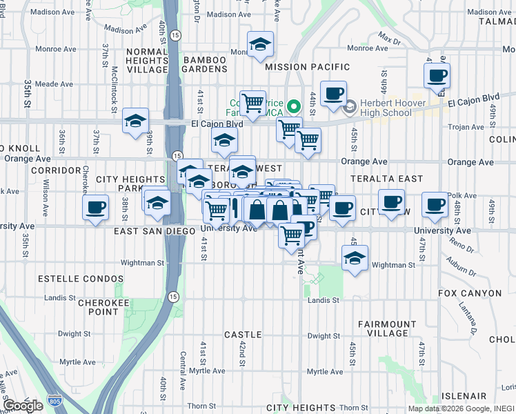 map of restaurants, bars, coffee shops, grocery stores, and more near 4056 Van Dyke Avenue in San Diego