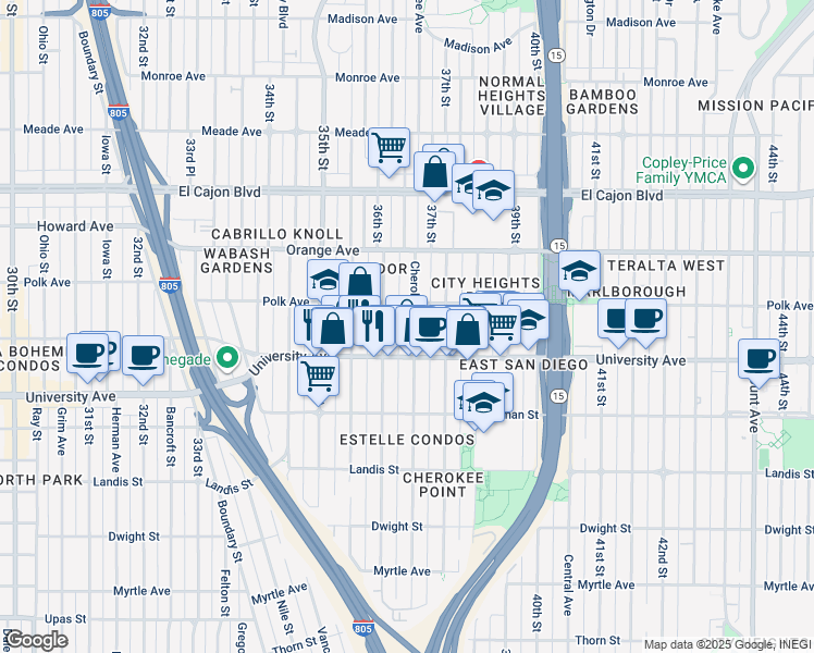 map of restaurants, bars, coffee shops, grocery stores, and more near 4050 Cherokee Avenue in San Diego