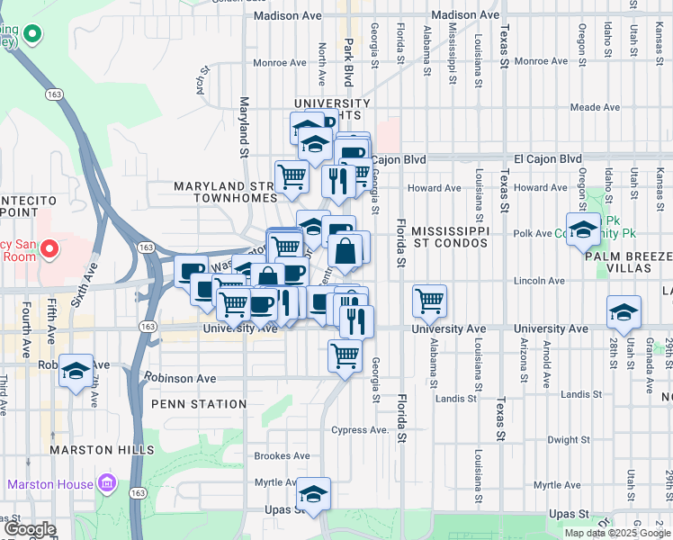 map of restaurants, bars, coffee shops, grocery stores, and more near 4018 Centre Street in San Diego