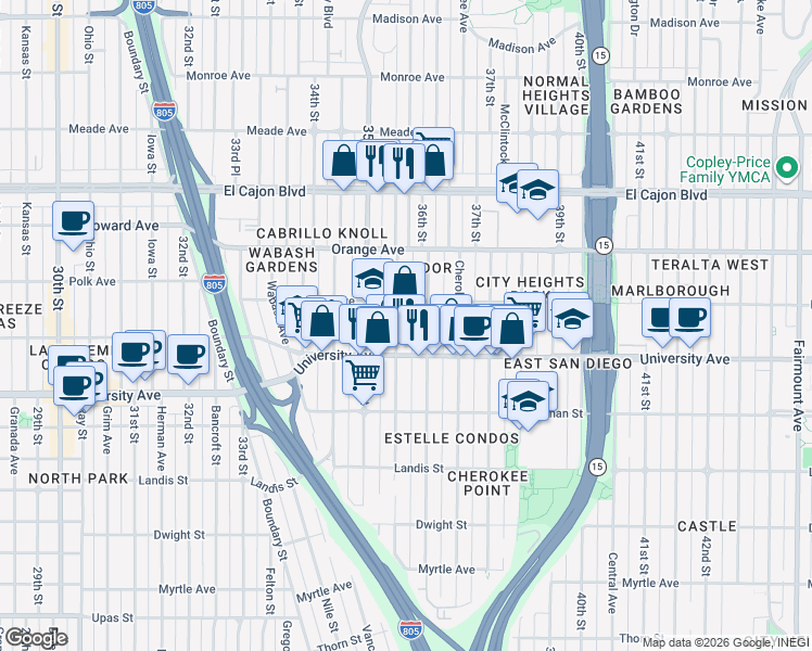 map of restaurants, bars, coffee shops, grocery stores, and more near 4053 Wilson Avenue in San Diego