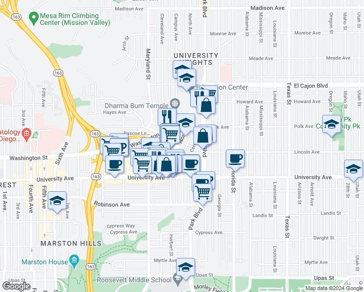 map of restaurants, bars, coffee shops, grocery stores, and more near 3983 Normal Street in San Diego