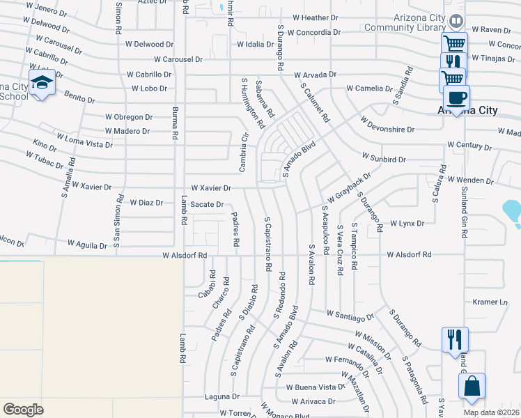 map of restaurants, bars, coffee shops, grocery stores, and more near 14188 South Capistrano Road in Arizona City