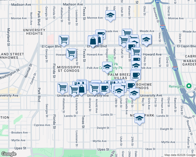 map of restaurants, bars, coffee shops, grocery stores, and more near 4018 Hamilton Street in San Diego