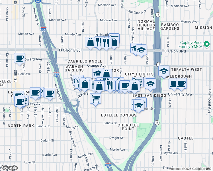 map of restaurants, bars, coffee shops, grocery stores, and more near 4053 Wilson Avenue in San Diego