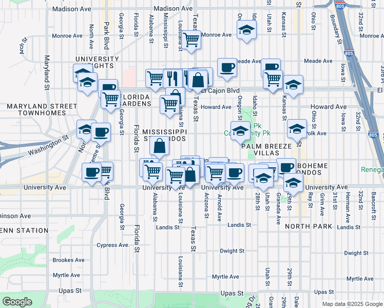 map of restaurants, bars, coffee shops, grocery stores, and more near 4033 Louisiana Street in San Diego