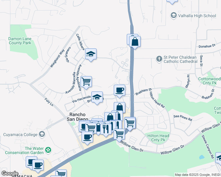 map of restaurants, bars, coffee shops, grocery stores, and more near 11787 Monte View Court in El Cajon