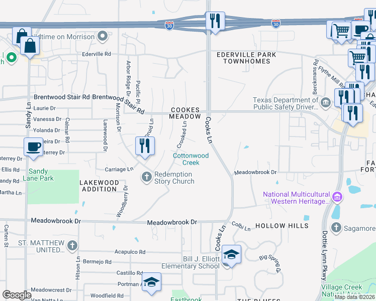 map of restaurants, bars, coffee shops, grocery stores, and more near 7811 Laver Court in Fort Worth