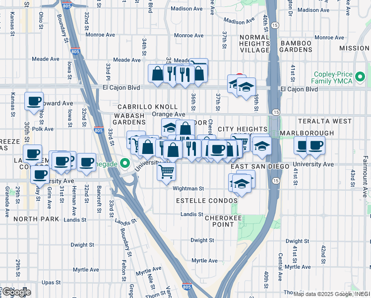 map of restaurants, bars, coffee shops, grocery stores, and more near 4073 Wilson Avenue in San Diego