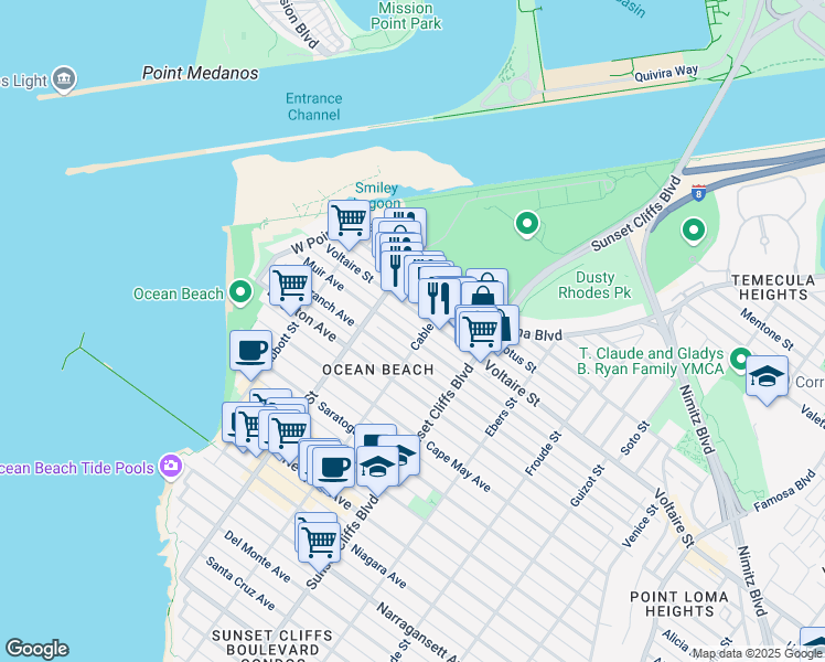 map of restaurants, bars, coffee shops, grocery stores, and more near 4922 Muir Avenue in San Diego