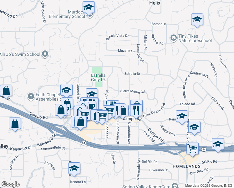 map of restaurants, bars, coffee shops, grocery stores, and more near 9941 Sierra Madre Road in Spring Valley
