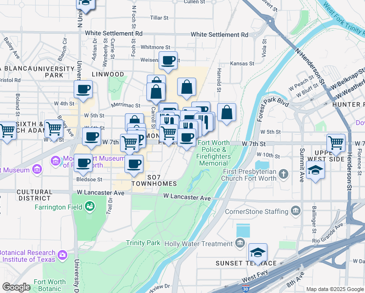 map of restaurants, bars, coffee shops, grocery stores, and more near 2421 West 7th Street in Fort Worth