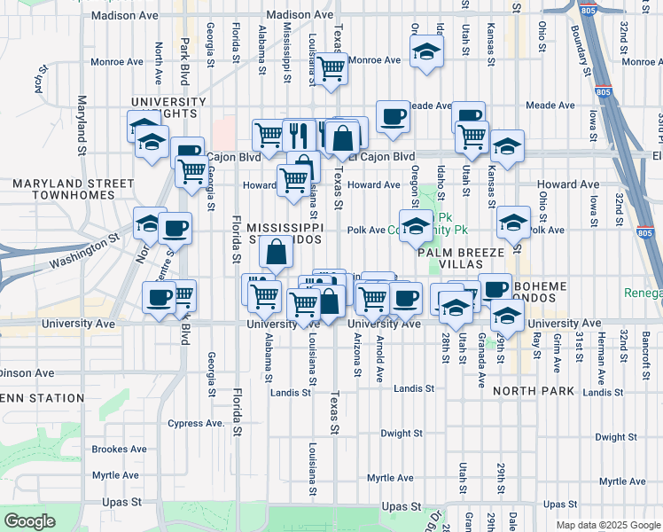 map of restaurants, bars, coffee shops, grocery stores, and more near 4033 Louisiana Street in San Diego