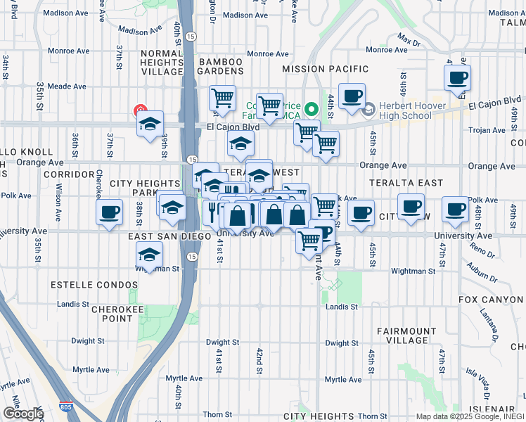 map of restaurants, bars, coffee shops, grocery stores, and more near 4059 42nd Street in San Diego