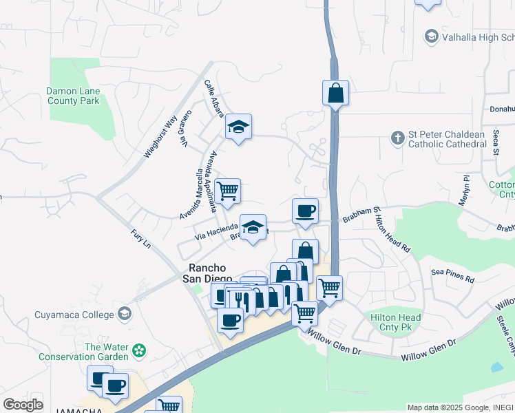 map of restaurants, bars, coffee shops, grocery stores, and more near 12147 Via Antigua in El Cajon
