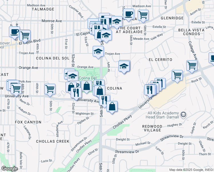 map of restaurants, bars, coffee shops, grocery stores, and more near 4117 54th Place in San Diego