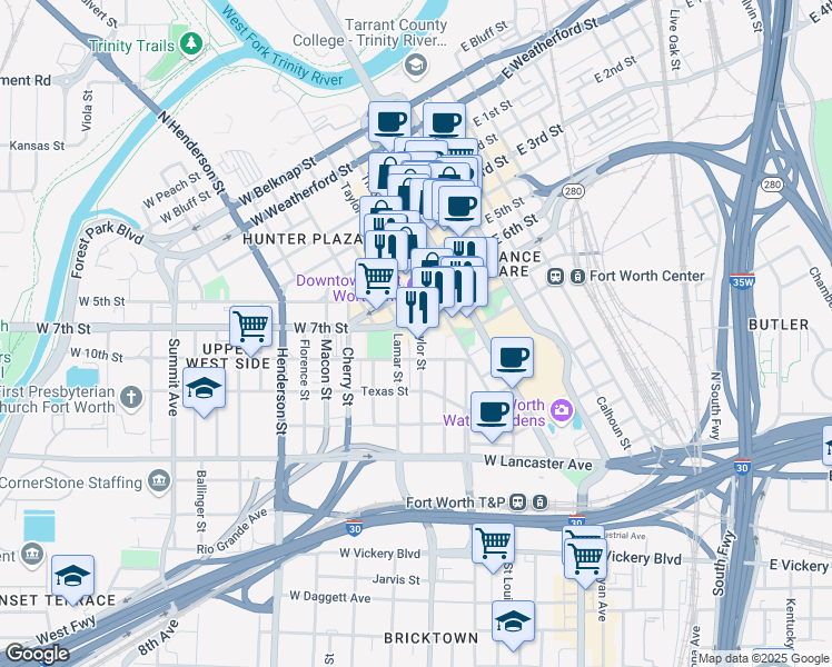 map of restaurants, bars, coffee shops, grocery stores, and more near 307-309 West 7th Street in Fort Worth